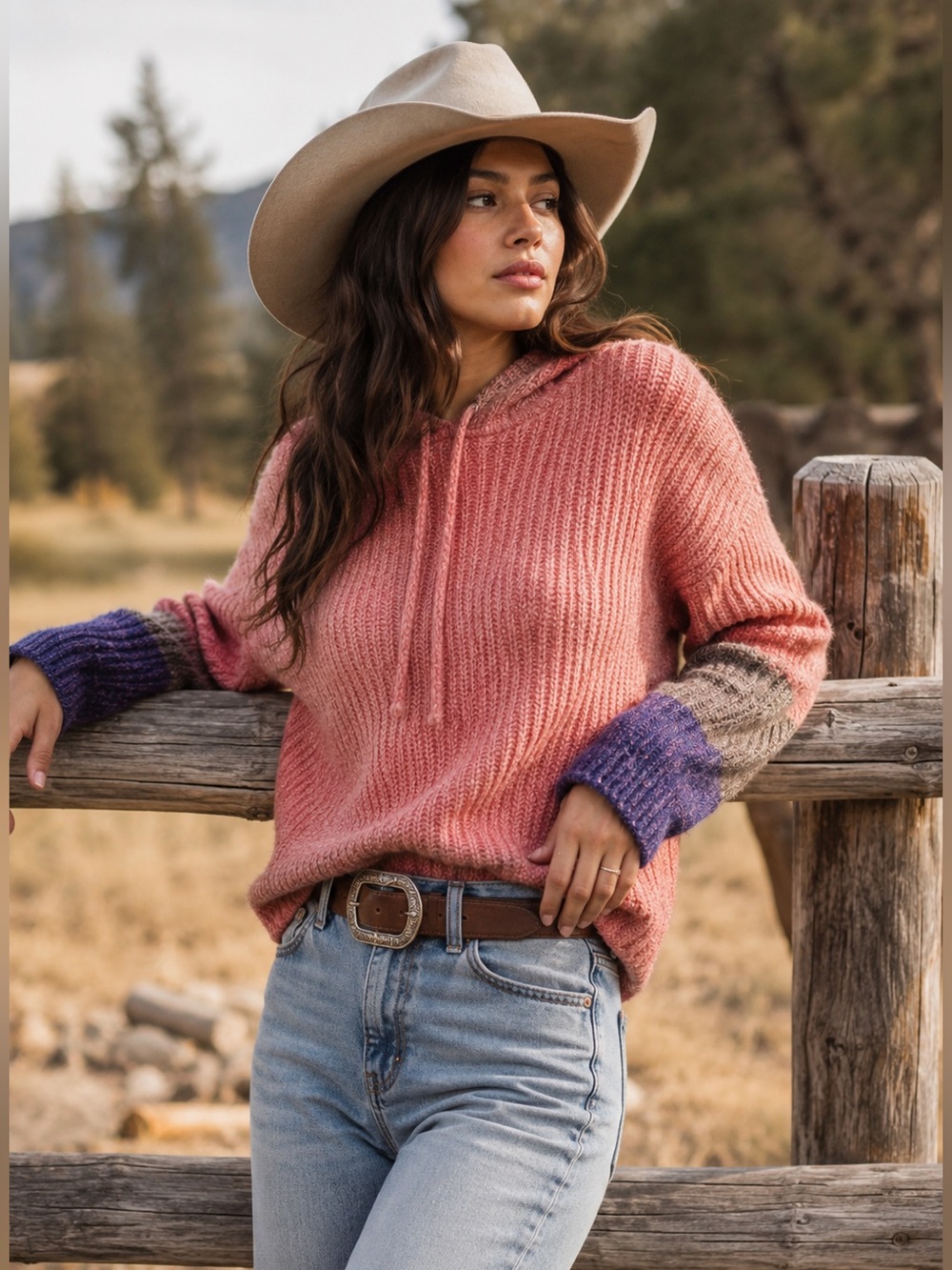 FRNCH Pink Hooded Wool Blend Sweater with Purple Cuffs